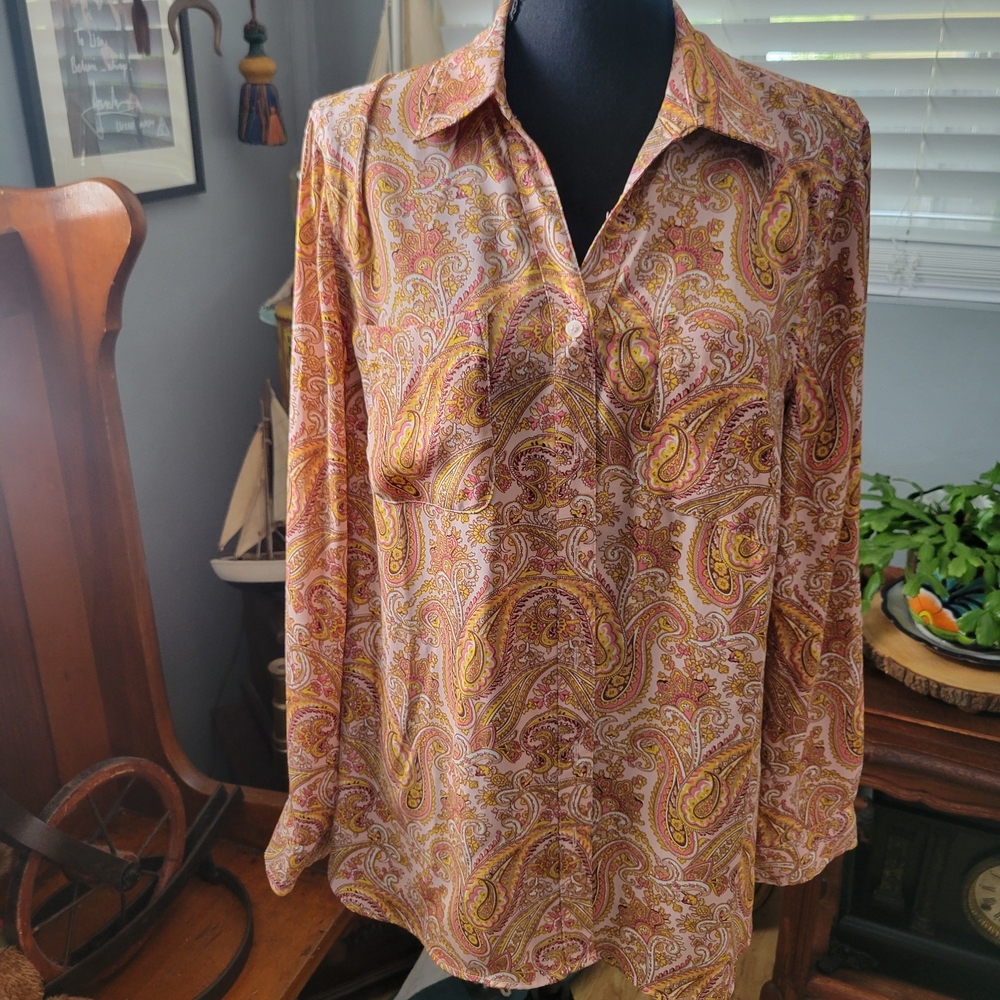 Talbots Women's Paisley Button Down Shirt - Orange and Yellow